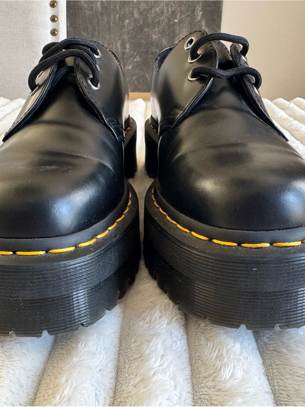 Dr. Martens Black Platform Lace-Up Boots with Yellow Stitching - Picture 4 of 7